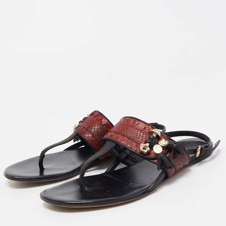 Gucci Red/Black Python and Leather Thong Flat Sandals Size 37
