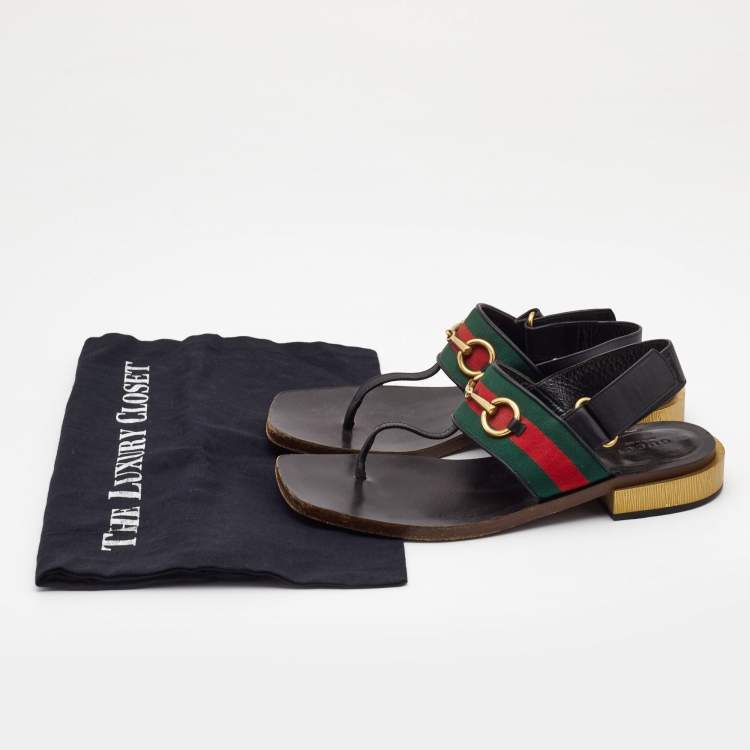 Pre Owned Gucci Black Leather Web Slingback Sandals Size 37.5