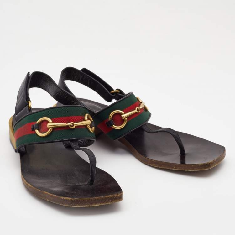 Pre Owned Gucci Black Leather Web Slingback Sandals Size 37.5