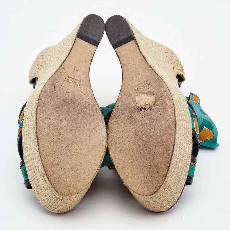 Pre Owned Gucci Multicolor Printed Fabric and Patent Espadrille Wedge Ankle Wrap Sandals Size 41