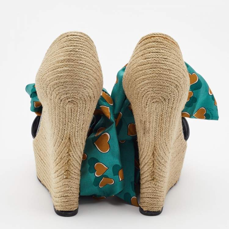 Pre Owned Gucci Multicolor Printed Fabric and Patent Espadrille Wedge Ankle Wrap Sandals Size 41
