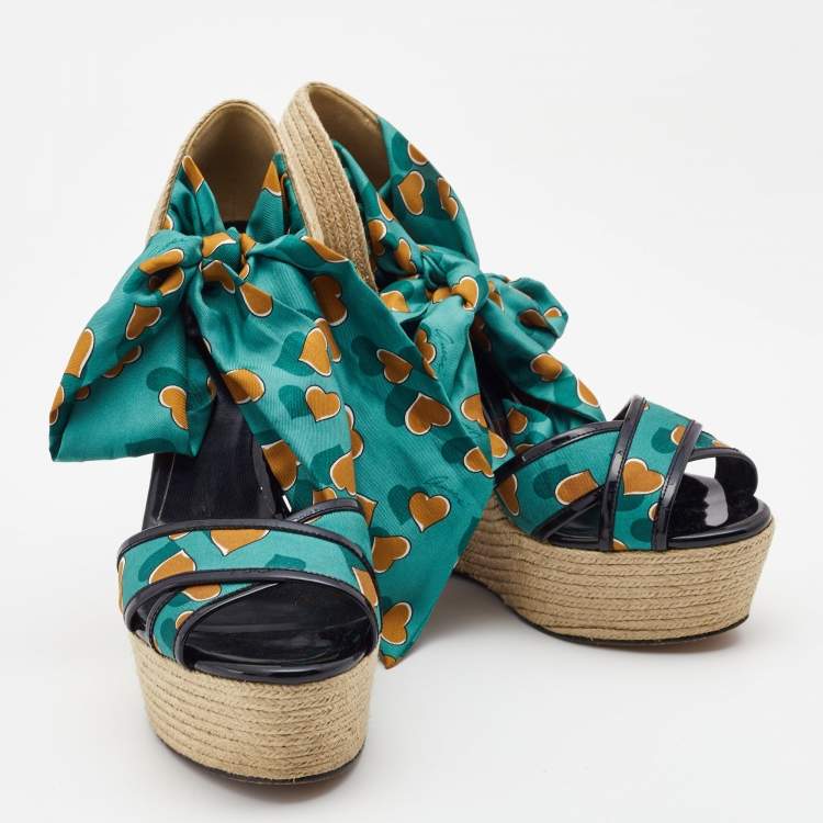 Pre Owned Gucci Multicolor Printed Fabric and Patent Espadrille Wedge Ankle Wrap Sandals Size 41