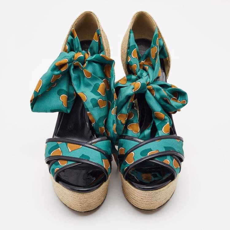 Pre Owned Gucci Multicolor Printed Fabric and Patent Espadrille Wedge Ankle Wrap Sandals Size 41
