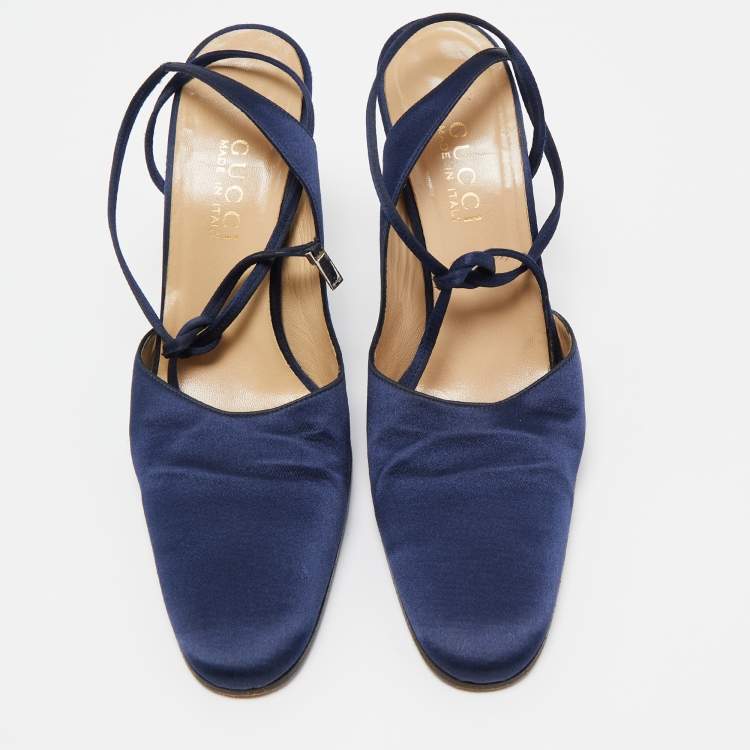 Pre Owned Gucci Navy Blue Satin Ankle Tie Pumps Size 38