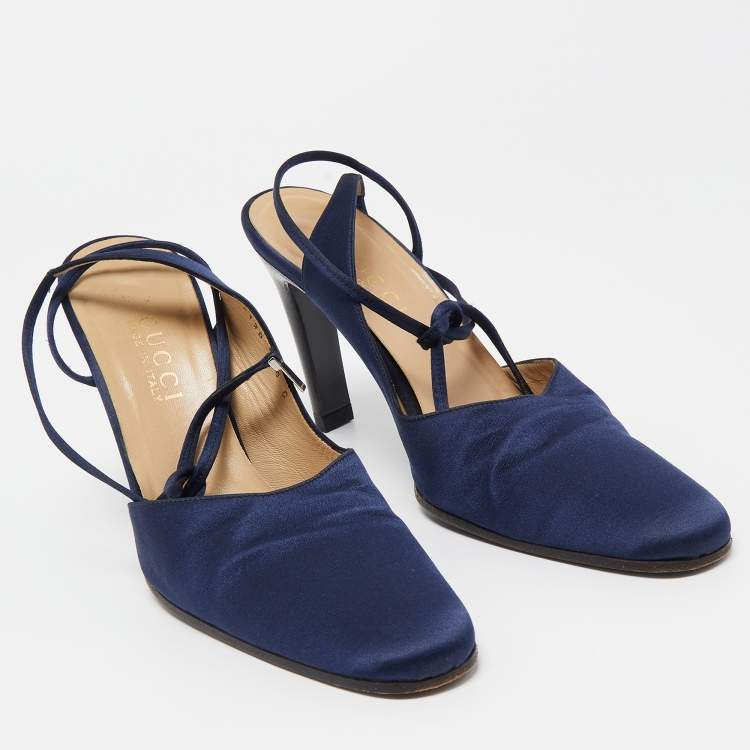 Pre Owned Gucci Navy Blue Satin Ankle Tie Pumps Size 38