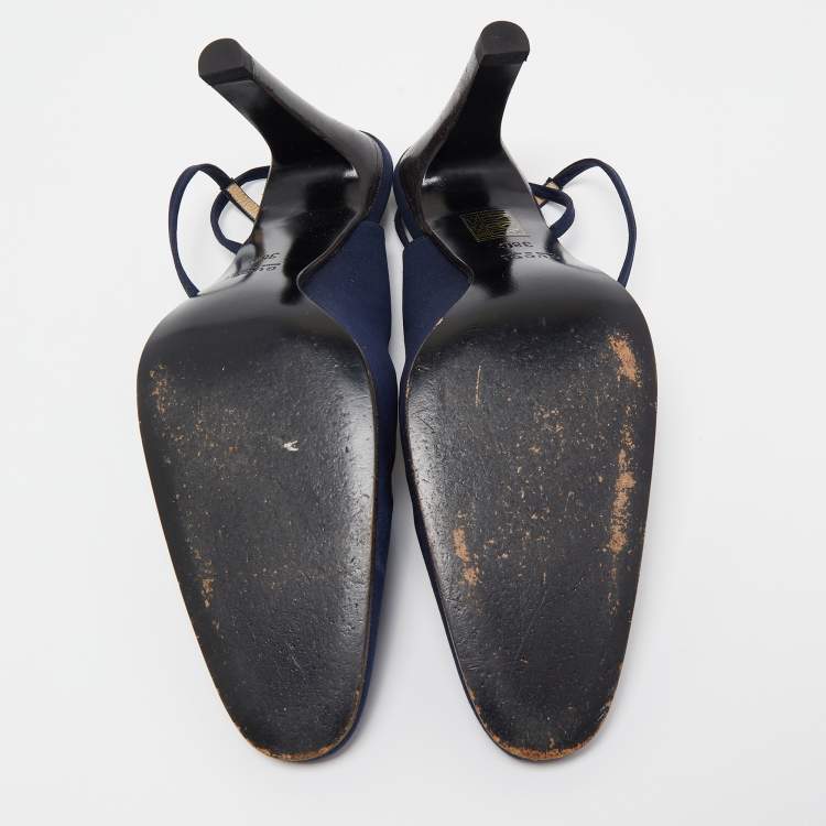 Pre Owned Gucci Navy Blue Satin Ankle Tie Pumps Size 38