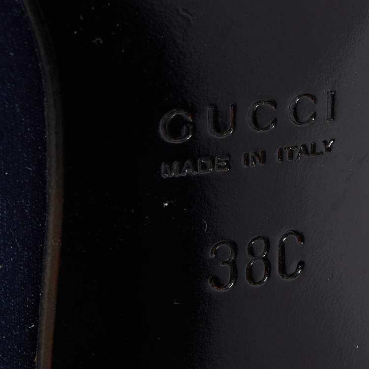 Pre Owned Gucci Navy Blue Satin Ankle Tie Pumps Size 38