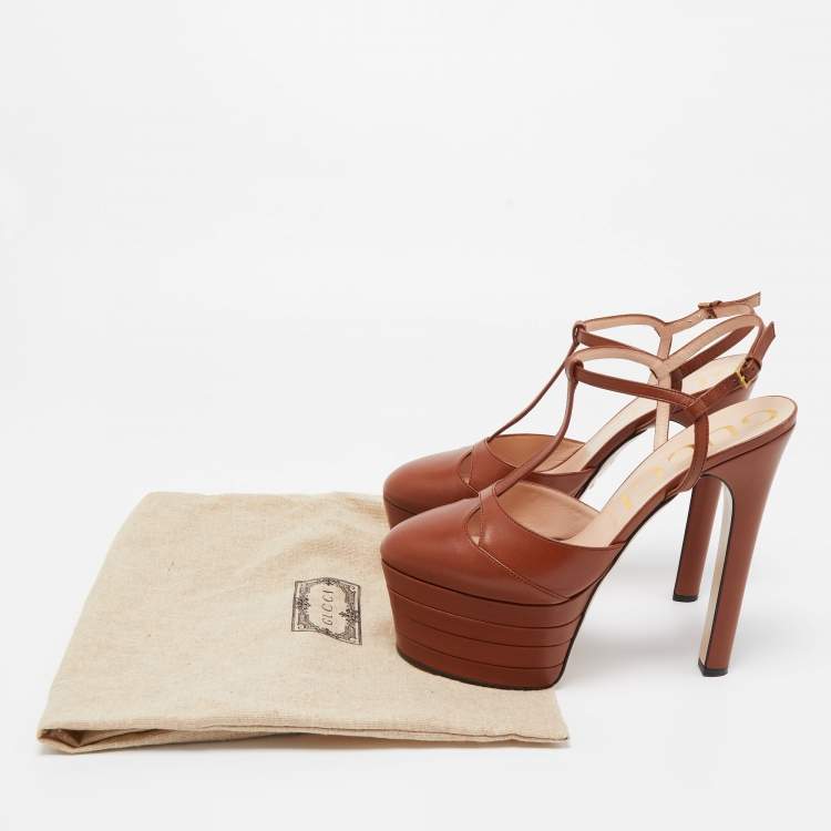 Pre Owned Gucci Brown Leather Angel Platform Pumps Size 40