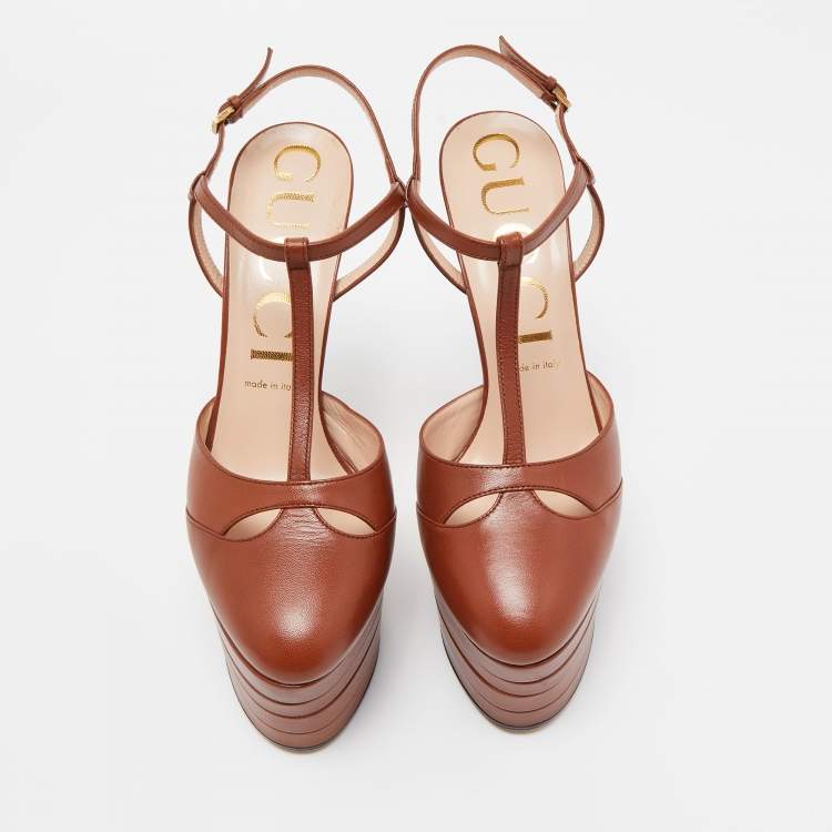 Pre Owned Gucci Brown Leather Angel Platform Pumps Size 40