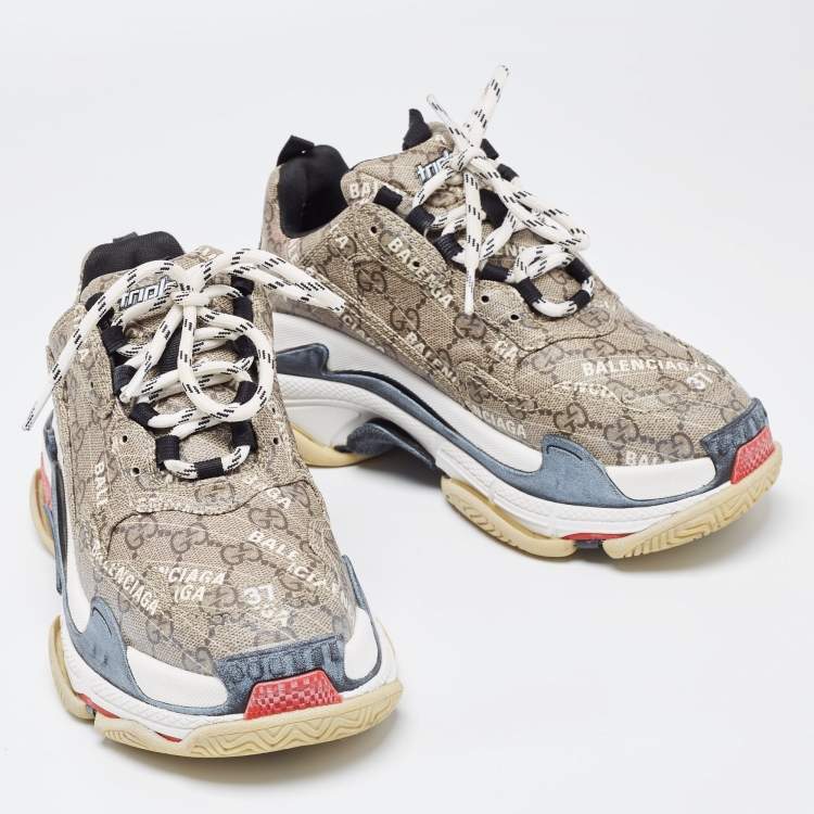 Pre Owned Gucci x Balenciaga Beige Coated Canvas Triple S "The Hacker Project" Lace Up Sneakers Size 37