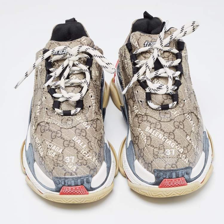 Pre Owned Gucci x Balenciaga Beige Coated Canvas Triple S "The Hacker Project" Lace Up Sneakers Size 37