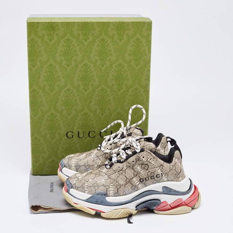 Pre Owned Gucci x Balenciaga Beige Coated Canvas Triple S "The Hacker Project" Lace Up Sneakers Size 37
