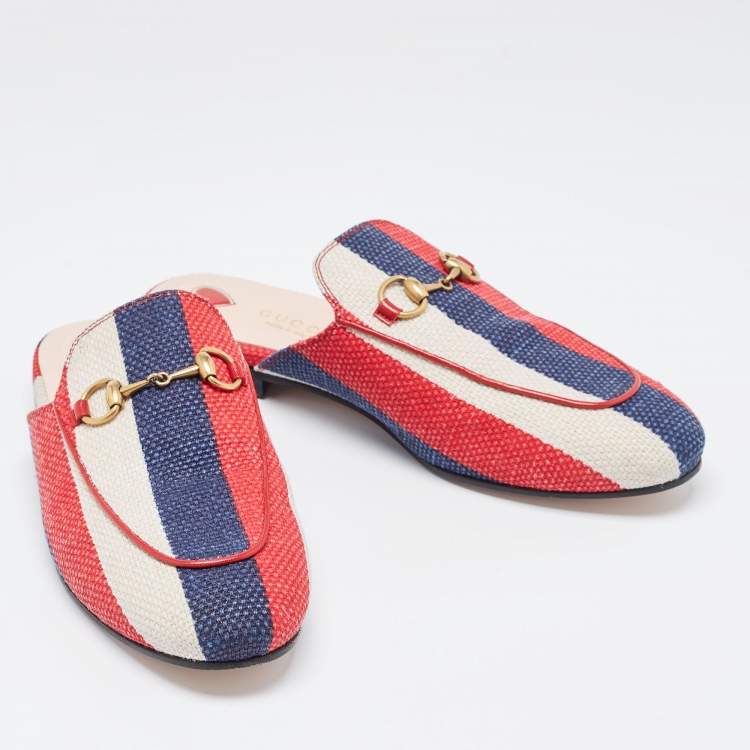 Pre Owned Gucci Tri Color Stripe Canvas Princetown Horsebit Mules Size 37
