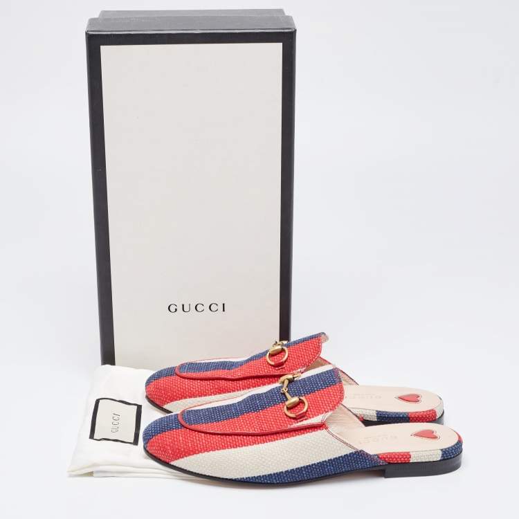 Pre Owned Gucci Tri Color Stripe Canvas Princetown Horsebit Mules Size 37
