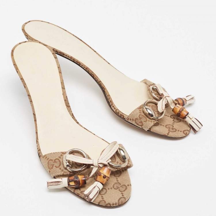 Pre Owned Gucci Brown/Beige GG Canvas Bamboo Tassel Horsebit Slide Sandals Size 38