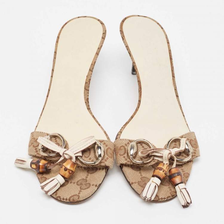 Pre Owned Gucci Brown/Beige GG Canvas Bamboo Tassel Horsebit Slide Sandals Size 38