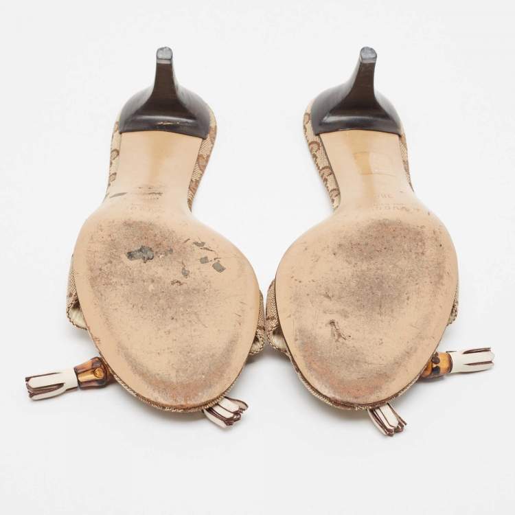 Pre Owned Gucci Brown/Beige GG Canvas Bamboo Tassel Horsebit Slide Sandals Size 38
