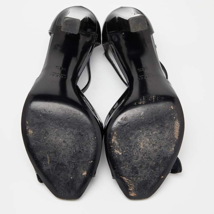 Pre Owned Gucci Black Patent Leather Applique T Strap Sandals Size 36.5