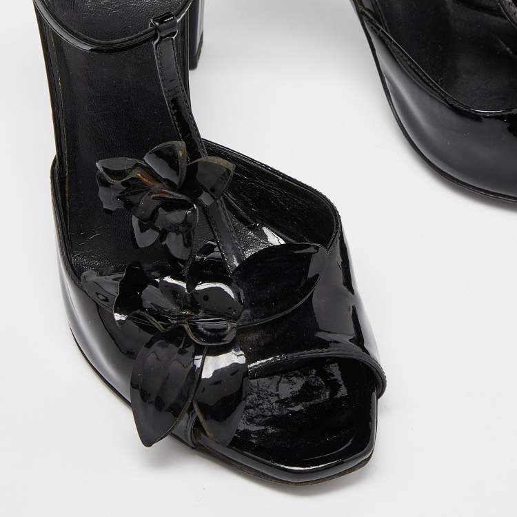 Pre Owned Gucci Black Patent Leather Applique T Strap Sandals Size 36.5