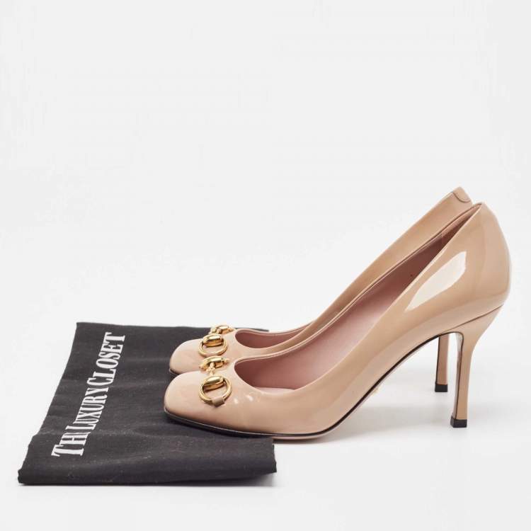 Pre Owned Gucci Beige Patent Leather Horsebit Square Toe Pumps Size 36.5
