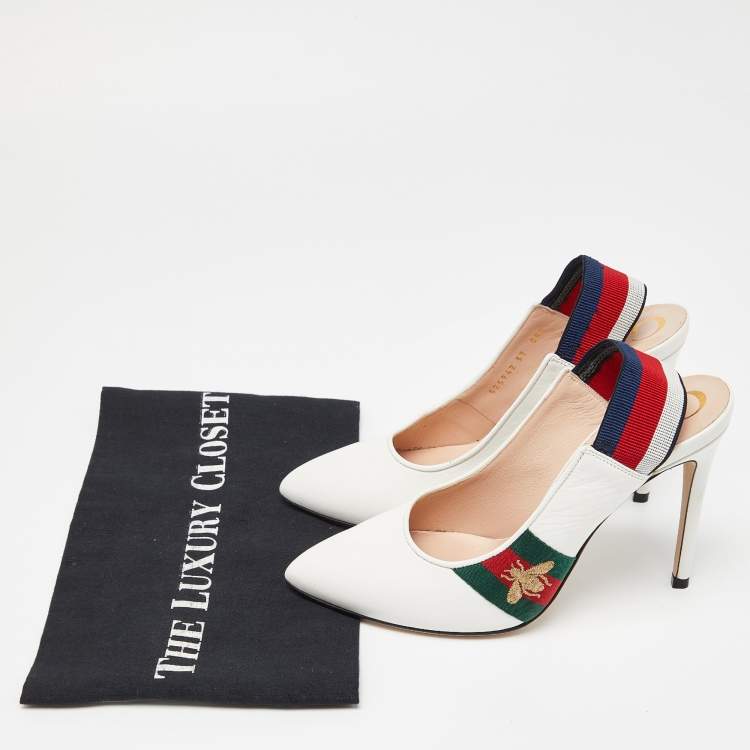 Pre Owned Gucci White Leather Sylvie Web Bee Slingback Pumps Size 37