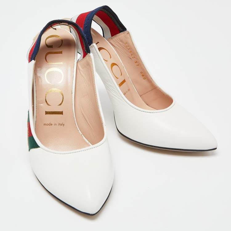 Pre Owned Gucci White Leather Sylvie Web Bee Slingback Pumps Size 37