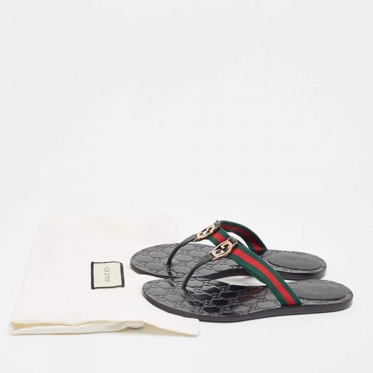 مملوكة مسبقًا Gucci Tricolor Leather and Canvas Web Interlocking G Thong Flats Size 37