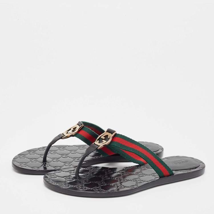 مملوكة مسبقًا Gucci Tricolor Leather and Canvas Web Interlocking G Thong Flats Size 37