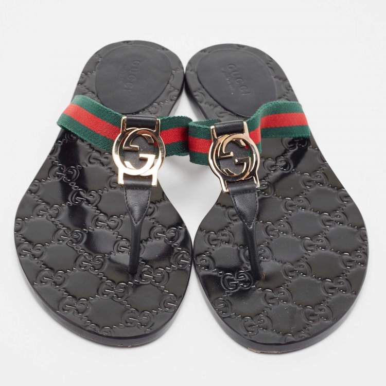 مملوكة مسبقًا Gucci Tricolor Leather and Canvas Web Interlocking G Thong Flats Size 37