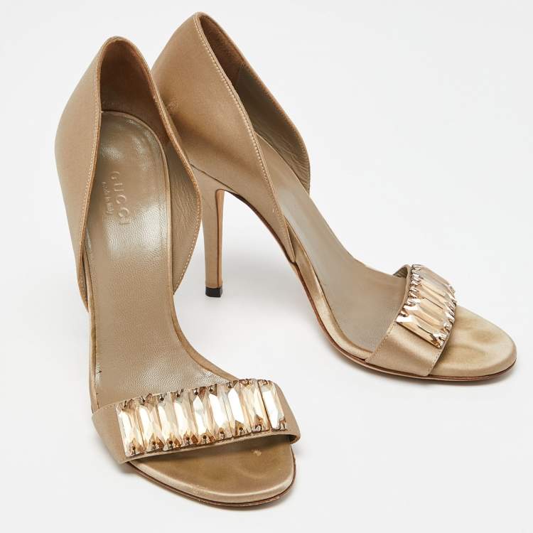 Pre Owned Gucci Grey Satin Crystal Embellished Open Toe Sandals Size 36