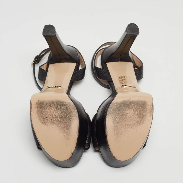 Pre Owned Gucci Black Leather Horsebit Platform Ankle Strap Sandals Size 35.5