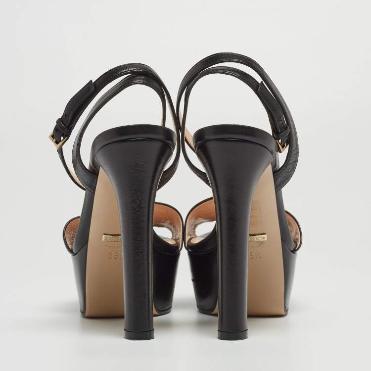 Pre Owned Gucci Black Leather Horsebit Platform Ankle Strap Sandals Size 35.5