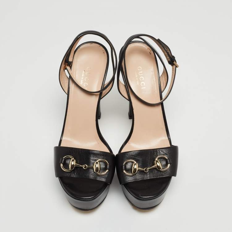 Pre Owned Gucci Black Leather Horsebit Platform Ankle Strap Sandals Size 35.5