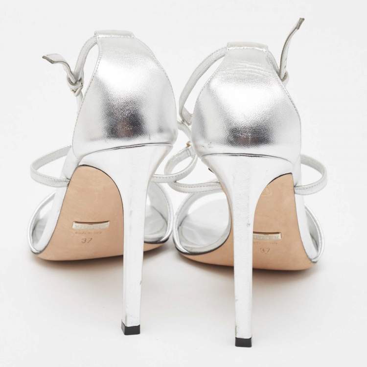 مملوكة مسبقًا Gucci Silver Leather Crystal Embellished GG Logo Ankle Strap Sandals Size 37