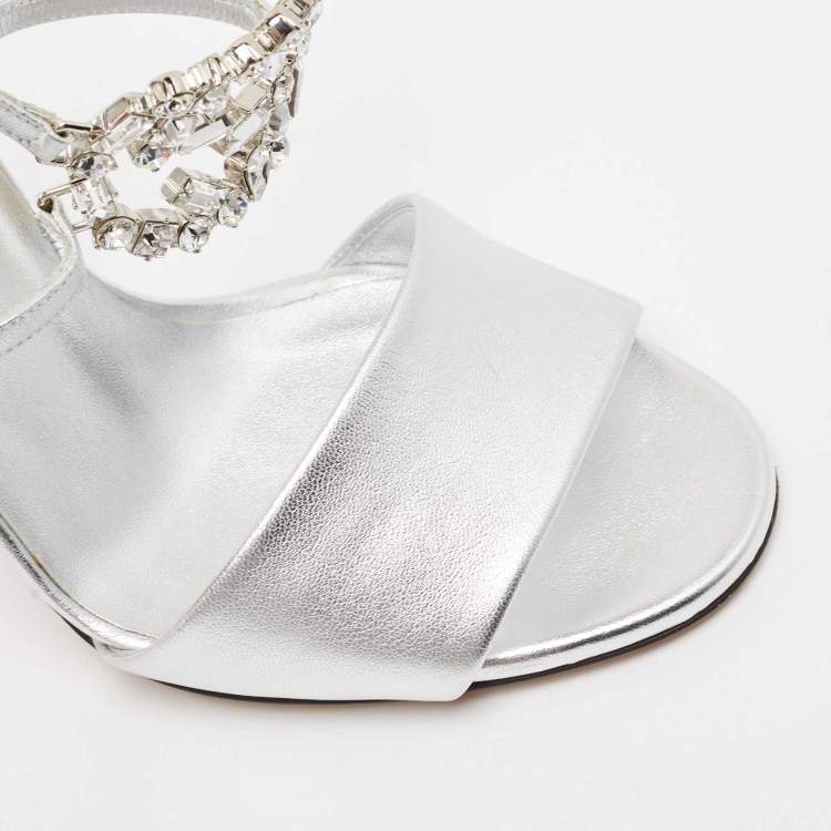 مملوكة مسبقًا Gucci Silver Leather Crystal Embellished GG Logo Ankle Strap Sandals Size 37