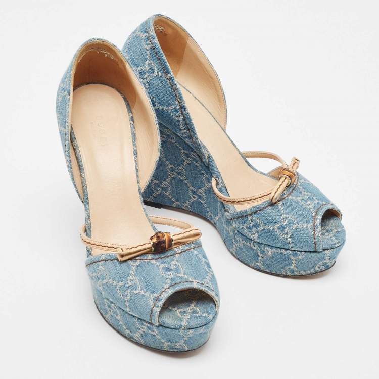 Pre Owned Gucci Blue GG Denim Bamboo Peep Toe D'orsay Wedge Sandals Size 38