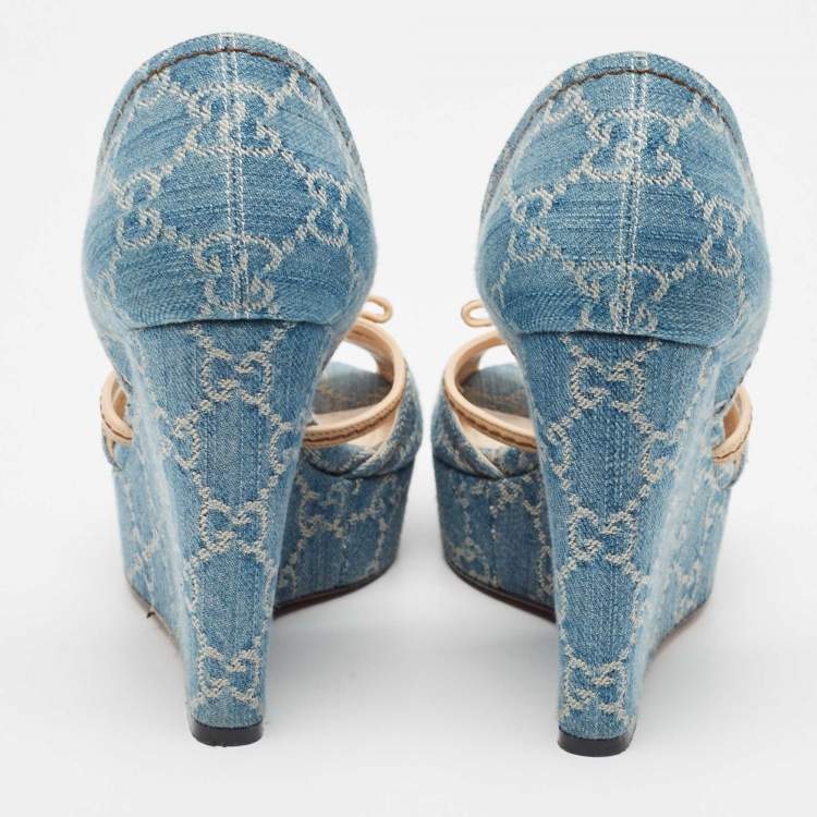 Pre Owned Gucci Blue GG Denim Bamboo Peep Toe D'orsay Wedge Sandals Size 38