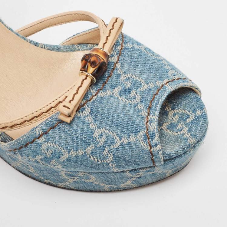 Pre Owned Gucci Blue GG Denim Bamboo Peep Toe D'orsay Wedge Sandals Size 38