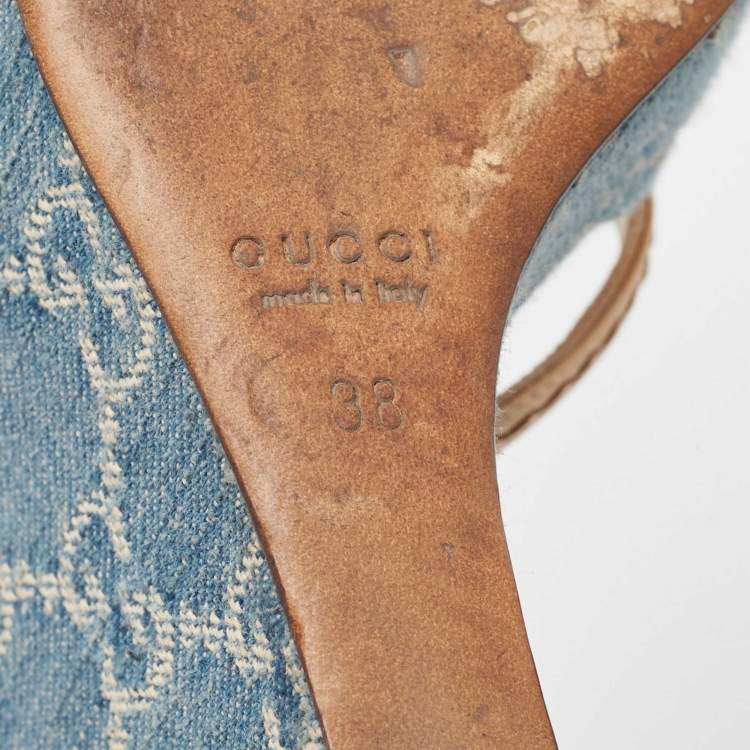 Pre Owned Gucci Blue GG Denim Bamboo Peep Toe D'orsay Wedge Sandals Size 38