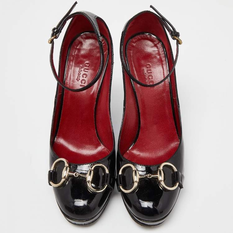 Pre Owned Gucci Black Patent Leather Horsebit Ankle Strap Pumps Size 35.5