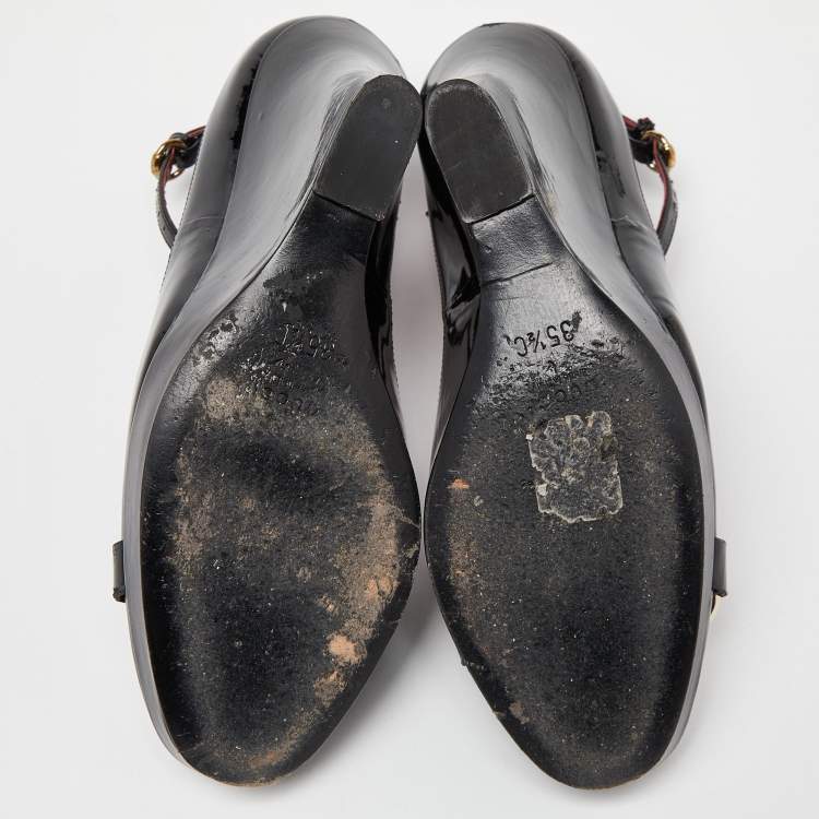 Pre Owned Gucci Black Patent Leather Horsebit Ankle Strap Pumps Size 35.5