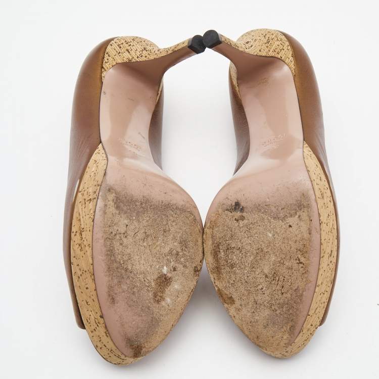 Pre Owned Gucci Metallic Bronze Leather Peep Toe Platform Pumps Size 39
