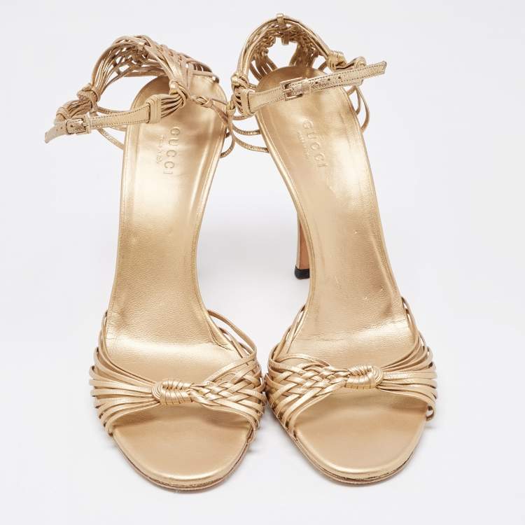 Pre Owned Gucci Gold Leather Ankle Strap Sandals Size 39.5