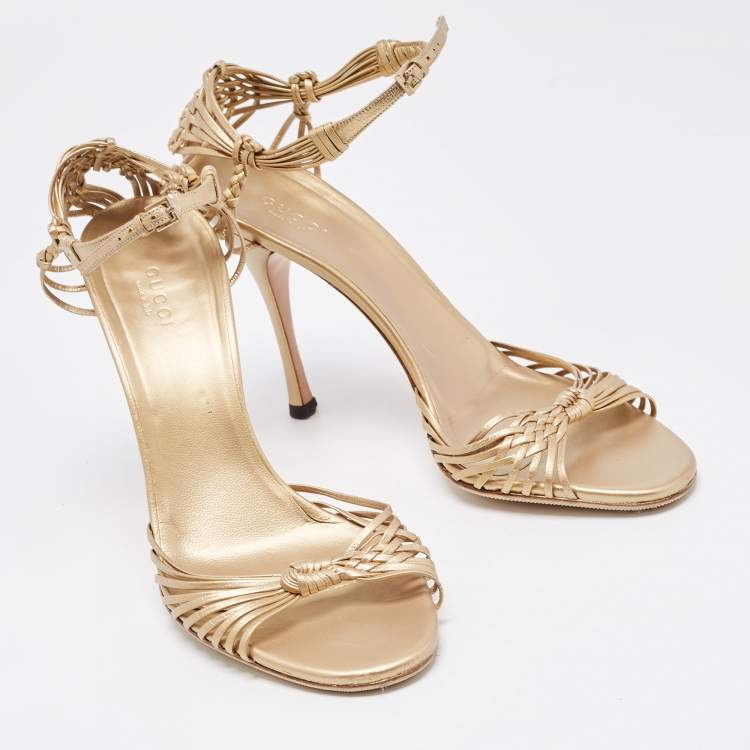 Pre Owned Gucci Gold Leather Ankle Strap Sandals Size 39.5