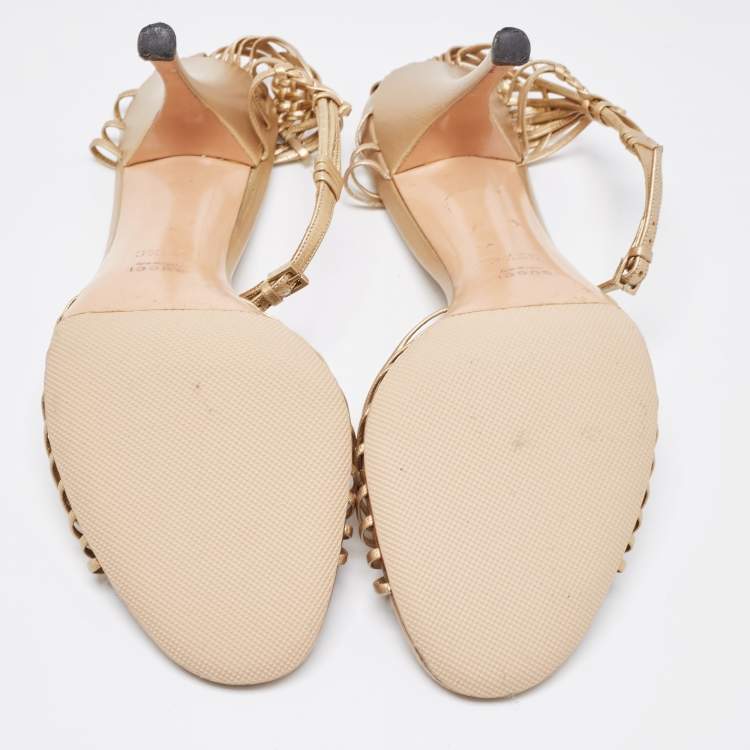 Pre Owned Gucci Gold Leather Ankle Strap Sandals Size 39.5