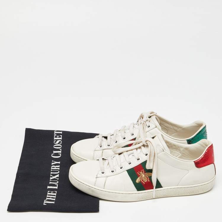 Pre Owned Gucci White Leather Web Detail Bee Embroidered Ace Low Top Sneakers Size 36.5