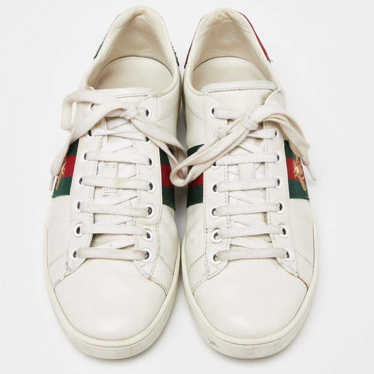 Pre Owned Gucci White Leather Web Detail Bee Embroidered Ace Low Top Sneakers Size 36.5