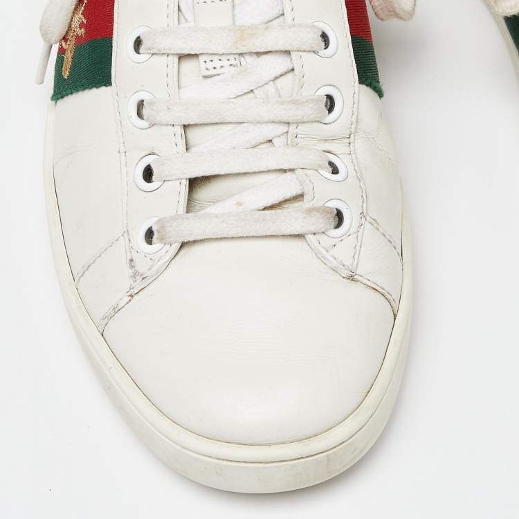 Pre Owned Gucci White Leather Web Detail Bee Embroidered Ace Low Top Sneakers Size 36.5