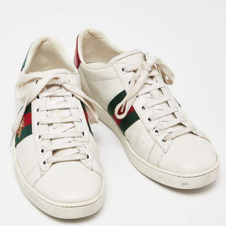 Pre Owned Gucci White Leather Web Detail Bee Embroidered Ace Low Top Sneakers Size 36.5