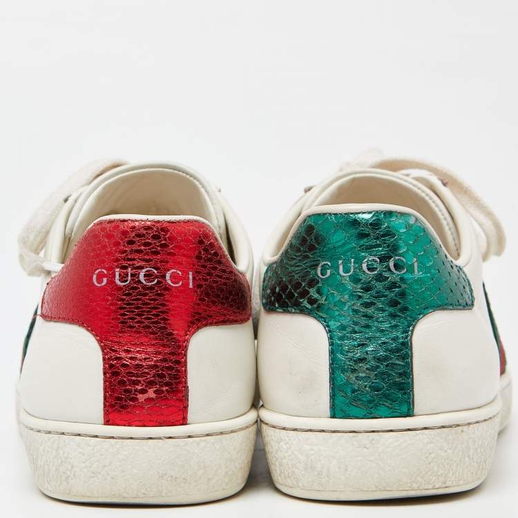 Pre Owned Gucci White Leather Web Detail Bee Embroidered Ace Low Top Sneakers Size 36.5